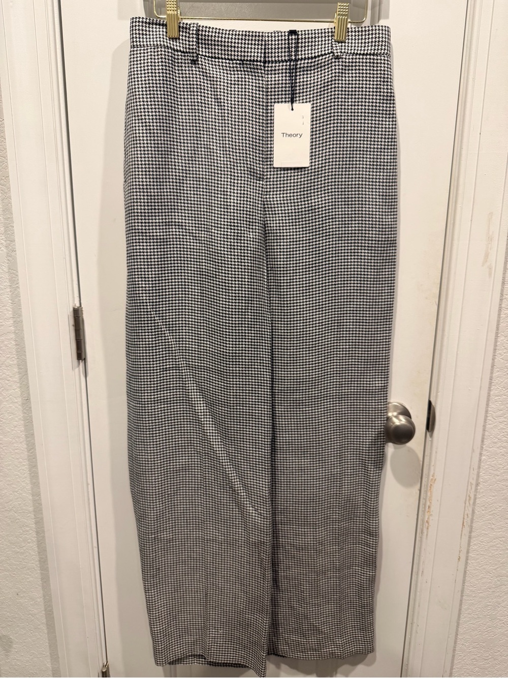 NWT Theory Houndstooth Wide Leg Trousers Black White Size 6 Wool Blend